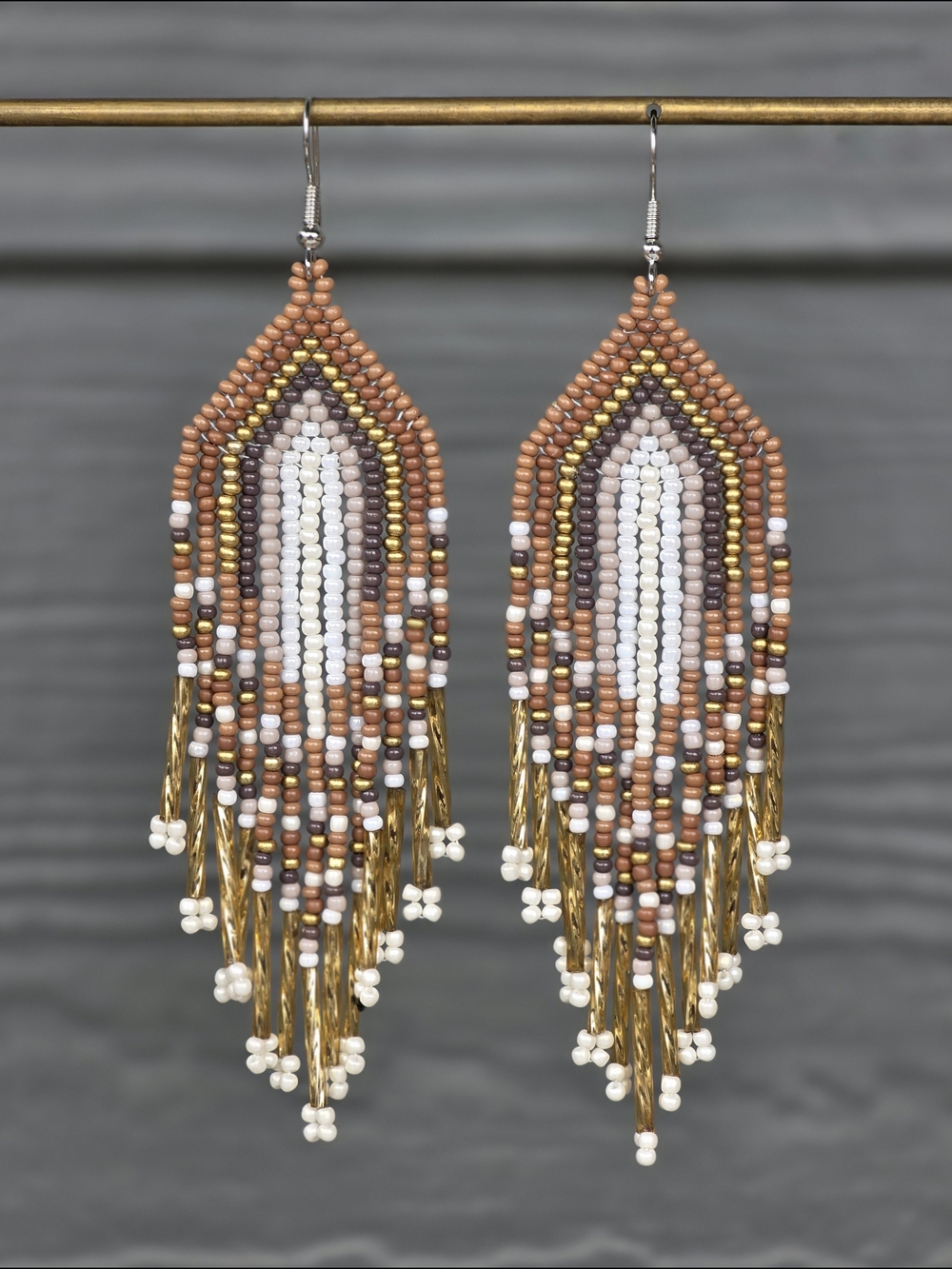 Neutral Luxe Boho Southwestern Fringe Beaded Earrings Handmade Bohemian Jewelry